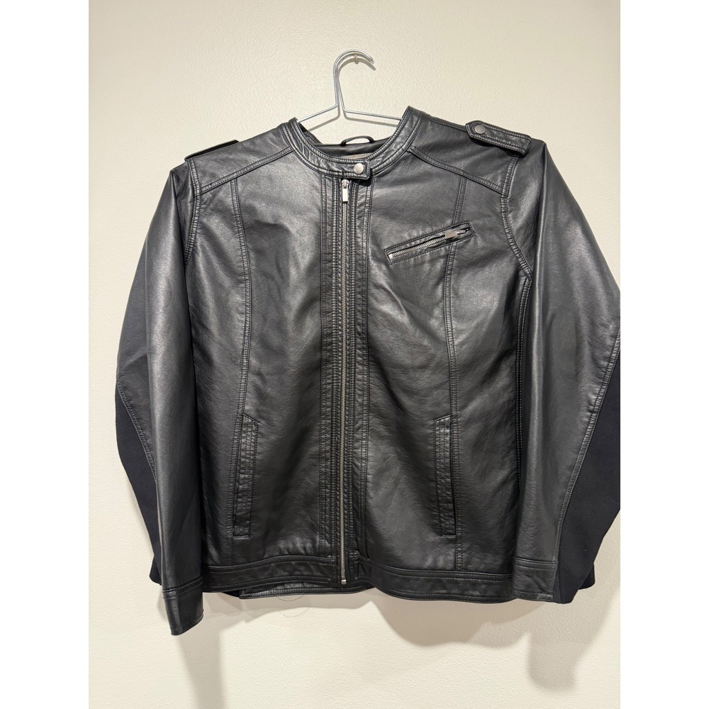 Maurices Womens 3X Black Faux Leather Moto Jacket Ribbed Knit Side Panels Zip Up
